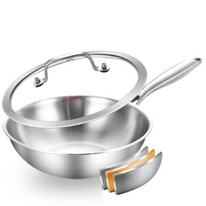 delarlo whole body tri-ply stainless steel pan 10 inch, 5 ply stainless steel woks & stir-fry pans, deep kitchen wok pan with lids, induction mini wok 10", suitable for all stove, up to 650℉