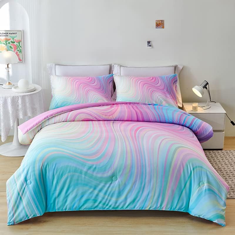 Helloosuu Girls Pink Comforter Twin,Pink Bedding Set for Girls,Tie Dye Comforter Set,Kids Comforter Set for Girls,Blue Pink Teen Comforter Twin with 2 Pink Pillowcases,Rainbow Comforter Set