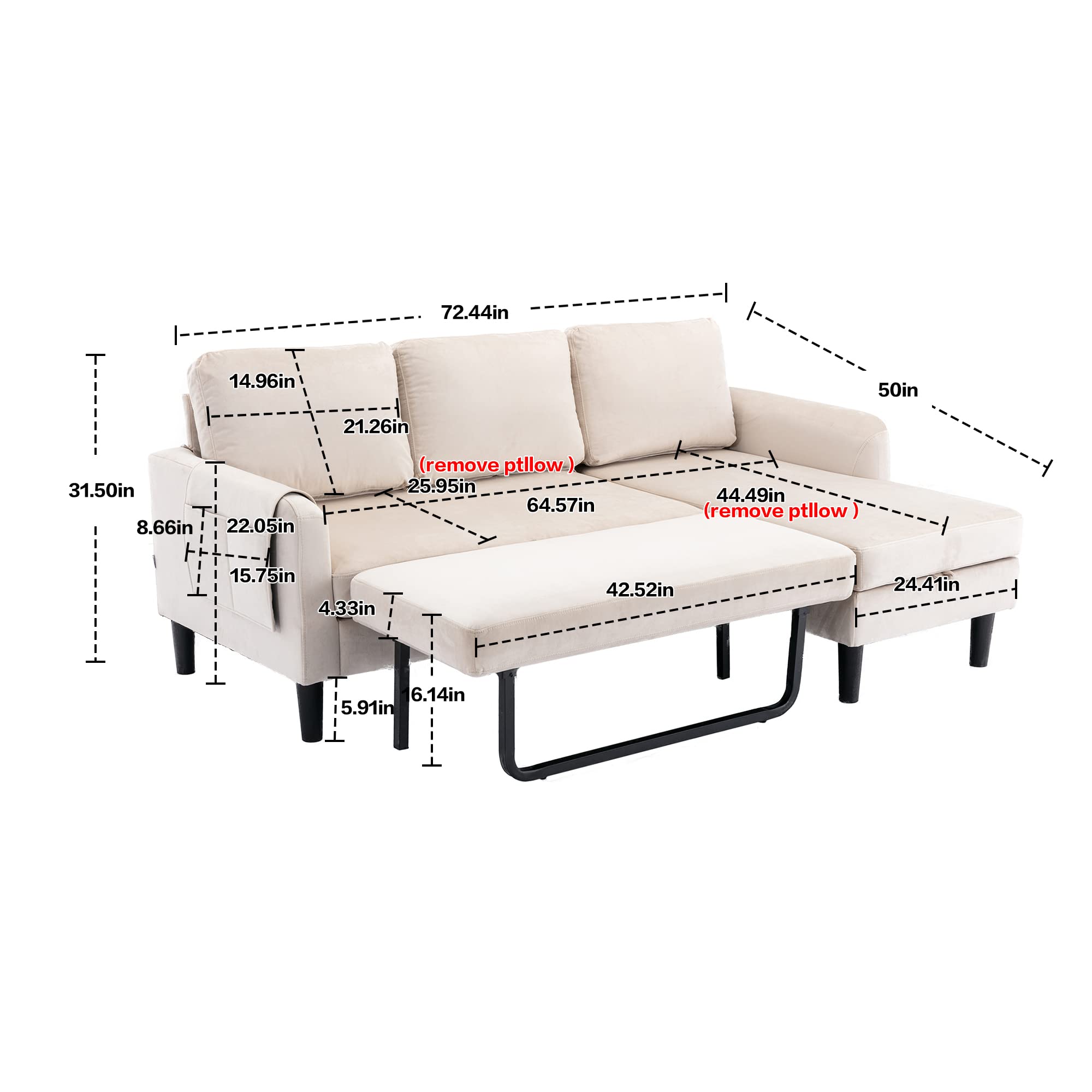 PEIHONGET Sleeper Sectional Sofa, 72.44" Velvet L-Shape 3 Seat with Pull Out Bed, Sectional Sofa Couch with Storage Chaise Living Room Bedroom Apartment (Beige)