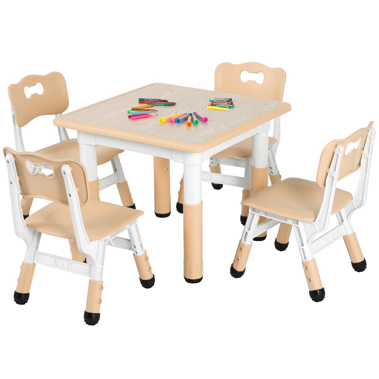 Arlopu Kids Study Table and Chair Set, Height Adjustable Children Desk and 4 Chairs Set, Toddler Multi-Activity Table Set for Reading, Drawing, Eating, Max Load 220lbs Boys Girls Gift (Beige)