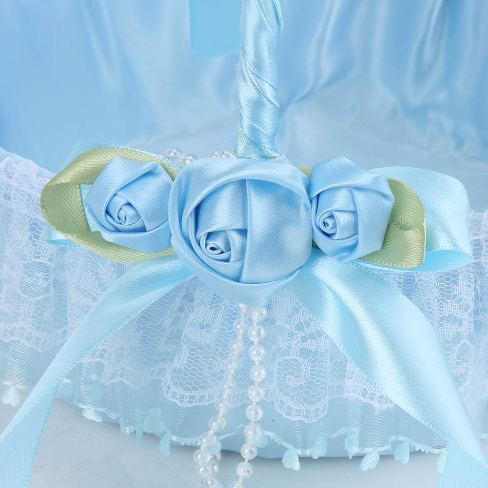 Flower Girl Basket, Cute Handle Flower Girl Basket, Wedding Flower Girl Baskets, Bridal Flower Basket, Flowers Bouquet for Wedding Party Banquet, Wedding Party Decoration (Blue)