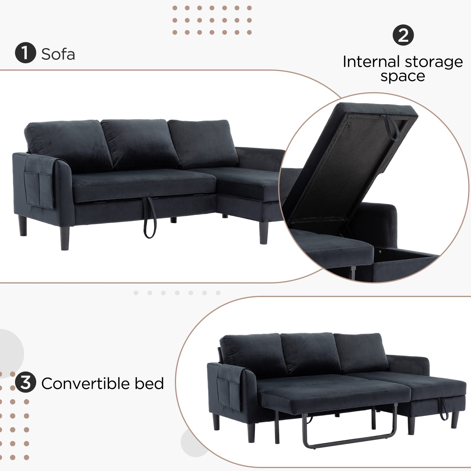 Akrenar Reversible Sectional Sofa with Storage, Modern Velvet Fabric Sleeper Sofa L-Shaped Couch, Sectional Couches for Living Room, Bedroom, Apartment,Office(Black)