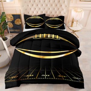 Helloosuu Boys Comforter Set, Twin Size, Football Themed, 3 PCS Including 1 Comforter & 2 Pillowcases, All Season Use, Black and Gold