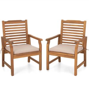 Sophia & William 2 Pieces Acacia Wood Patio Dining Chairs with Cushions, Outdoor Oil Finish Middle Back Wooden Armchairs Set of 2, Natural Wood Chairs for Porch Yard Balcony Deck, Teak