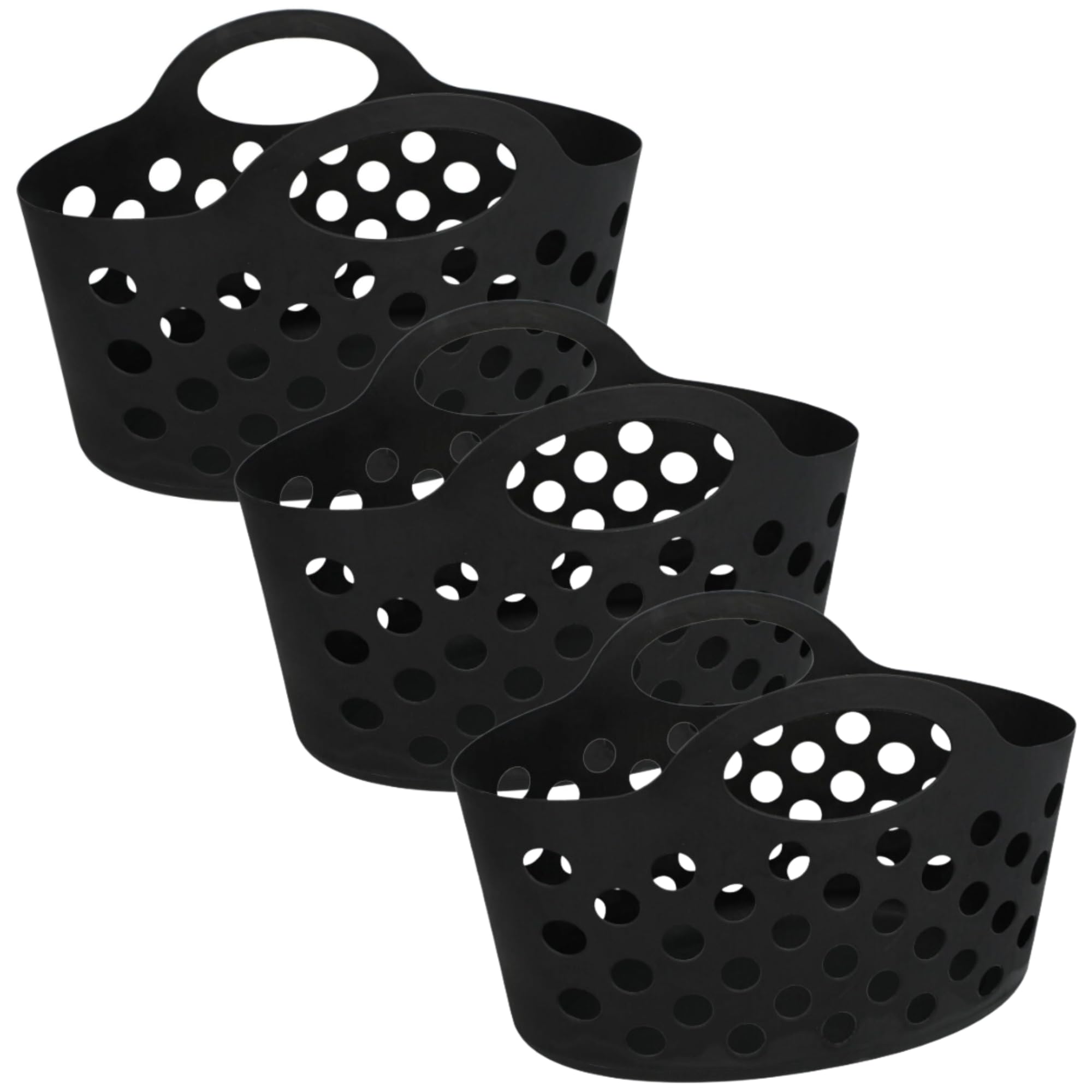 Basket with Handles 3 count Plastic Oval Carry Totes 12"x7"x7" (Black)