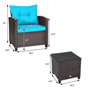 Toolsempire 3 Pieces Wicker Patio Furniture Set, Outdoor Sofa Set with Water-Resistant Cushion & Tempered Glass Table, Outdoor Conversation Set Bistro Set for Garden, Balcony, Poolside(Turquoise)