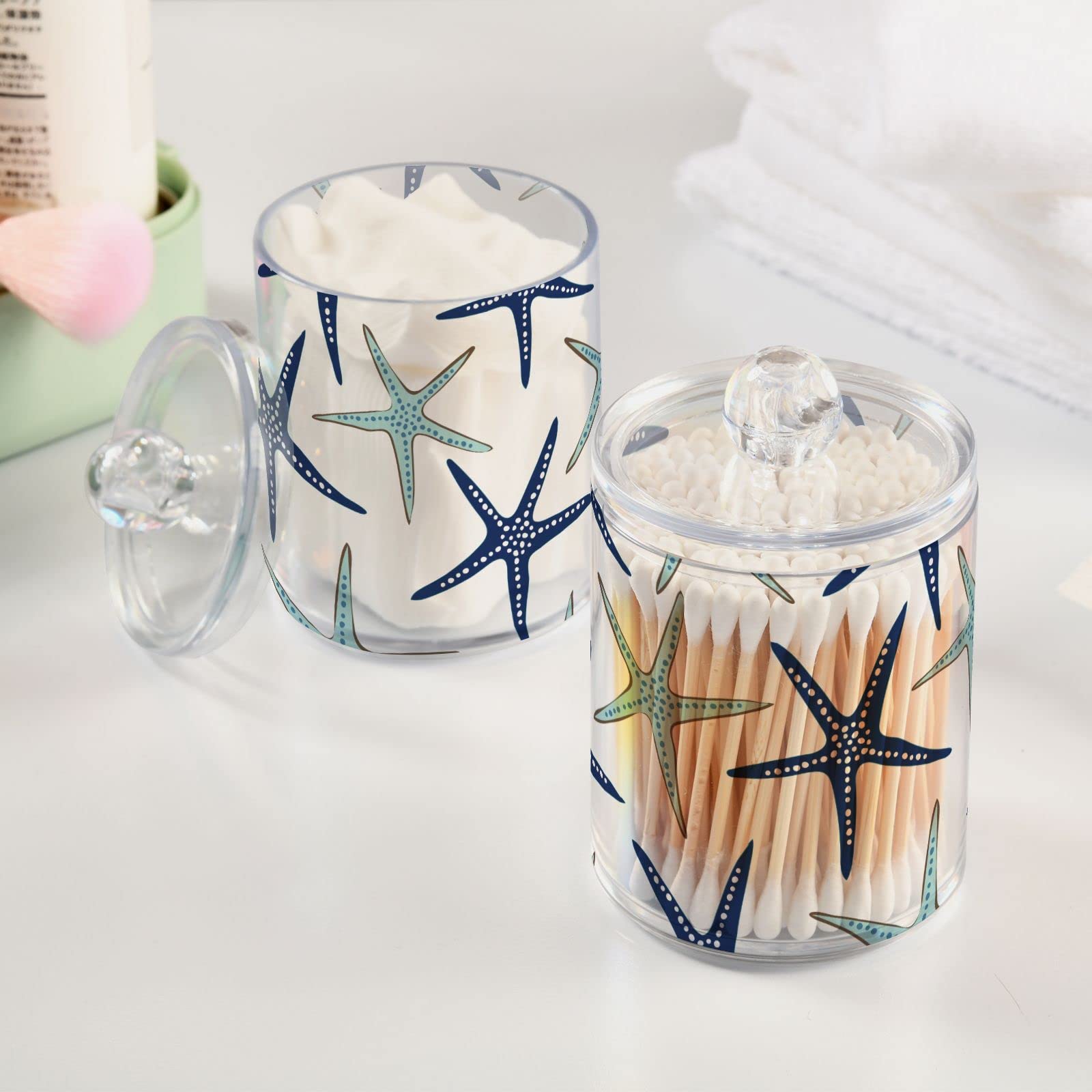 ALAZA Bathroom Canister Set of 2, Beach Coastal Starfish Navy Blue and Turquoise Plastic Jars Holder Dispense Qtip Holder Storage Jars with Lids,Home Decor