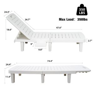 LUCKYERMORE Outdoor Chaise Lounge Set of 3, Patio Lounge Chairs for Outside, 74" Pool Lounge Chairs w/ 4 Level Adjustable Backrest, 350lbs Weight Capacity Plastic White Pool Furniture, Waterproof