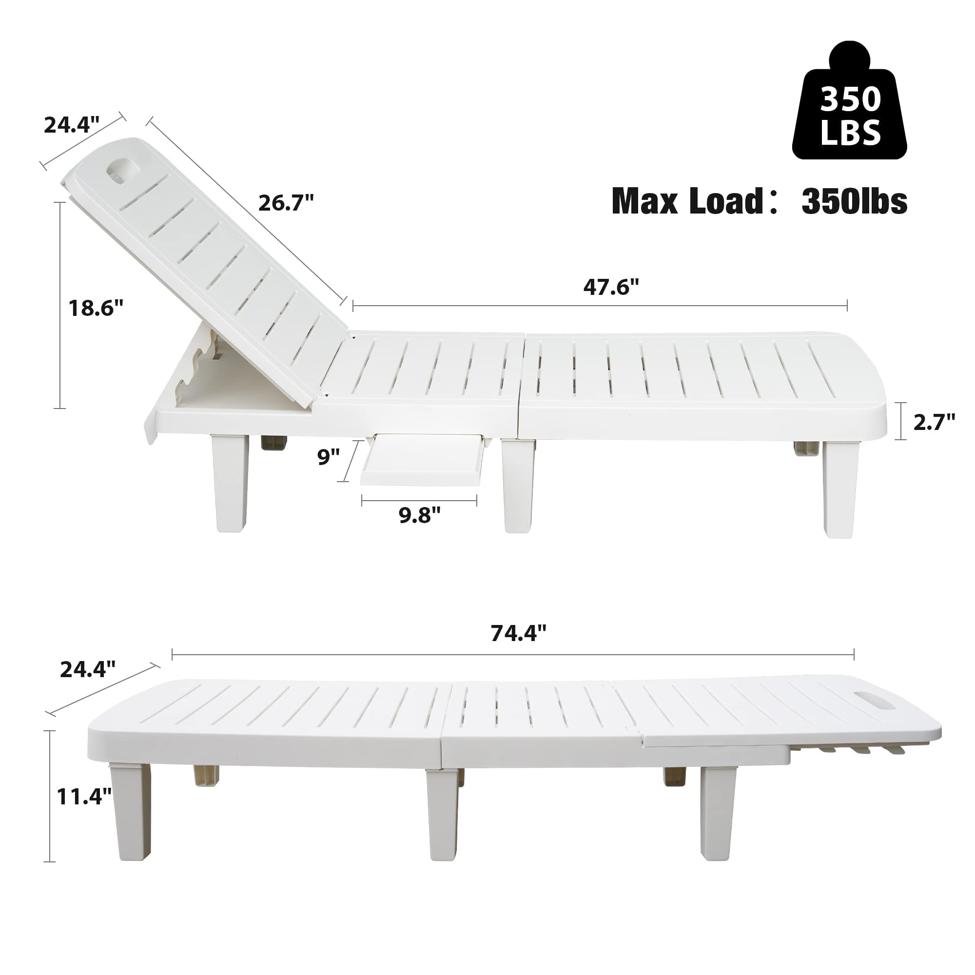 LUCKYERMORE Outdoor Chaise Lounge Set of 3, Patio Lounge Chairs for Outside, 74" Pool Lounge Chairs w/ 4 Level Adjustable Backrest, 350lbs Weight Capacity Plastic White Pool Furniture, Waterproof