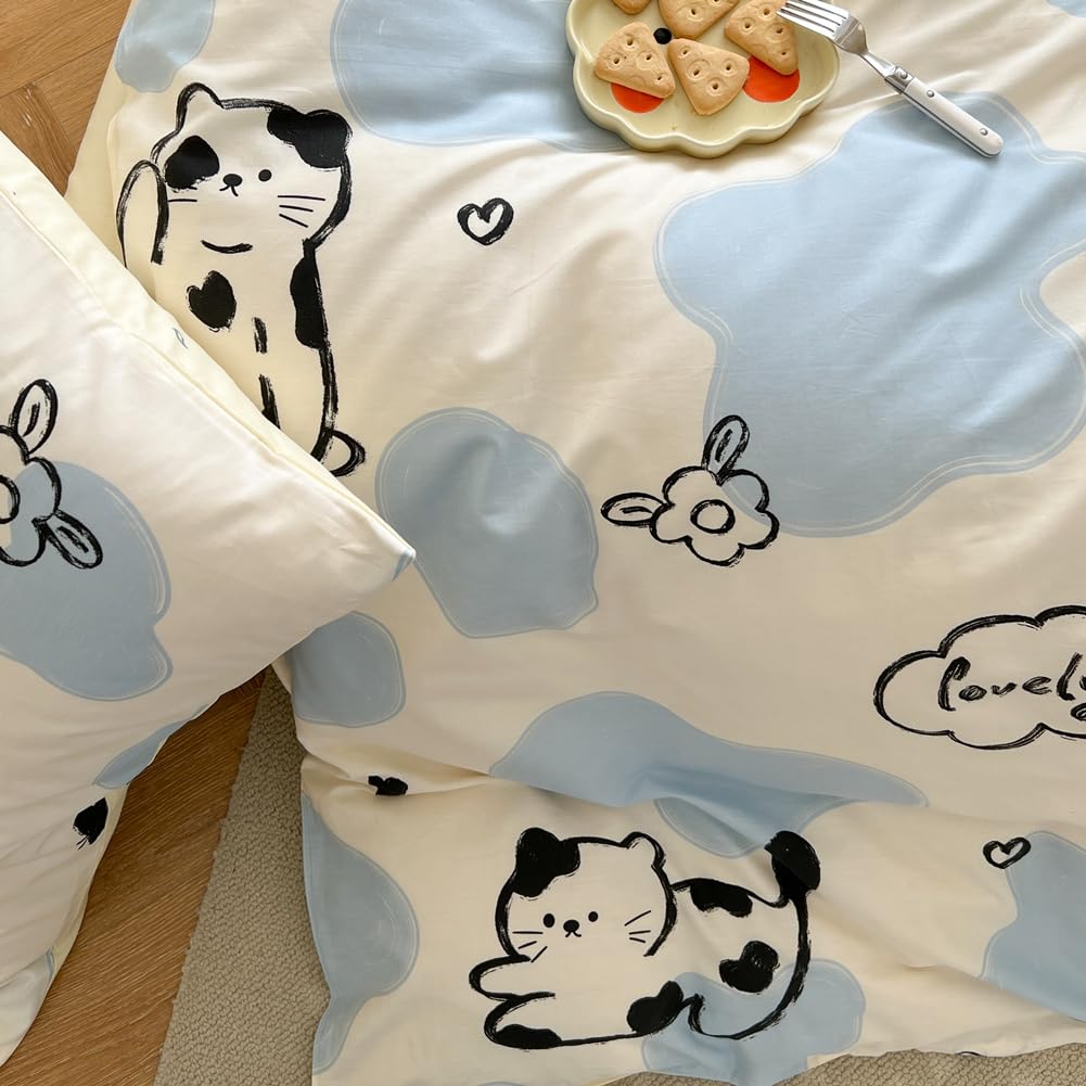 LIWHENHAO Rabbit Duvet Cover Set Twin 100% Cotton Bedding Cartoon Bunny Garden Red Apple Floral Pattern 1 Kawaii Flower Comforter Cover Zipper Closure 2 Pillowcases for Kids Girls Boys