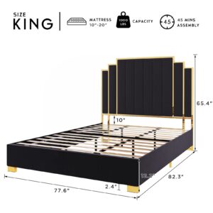 HOWE King Size Bed Frame and 65" Headboard, Upholstered Bed with Golden Plating Trim, Modern Platform Bed No Box Spring Needed, Black