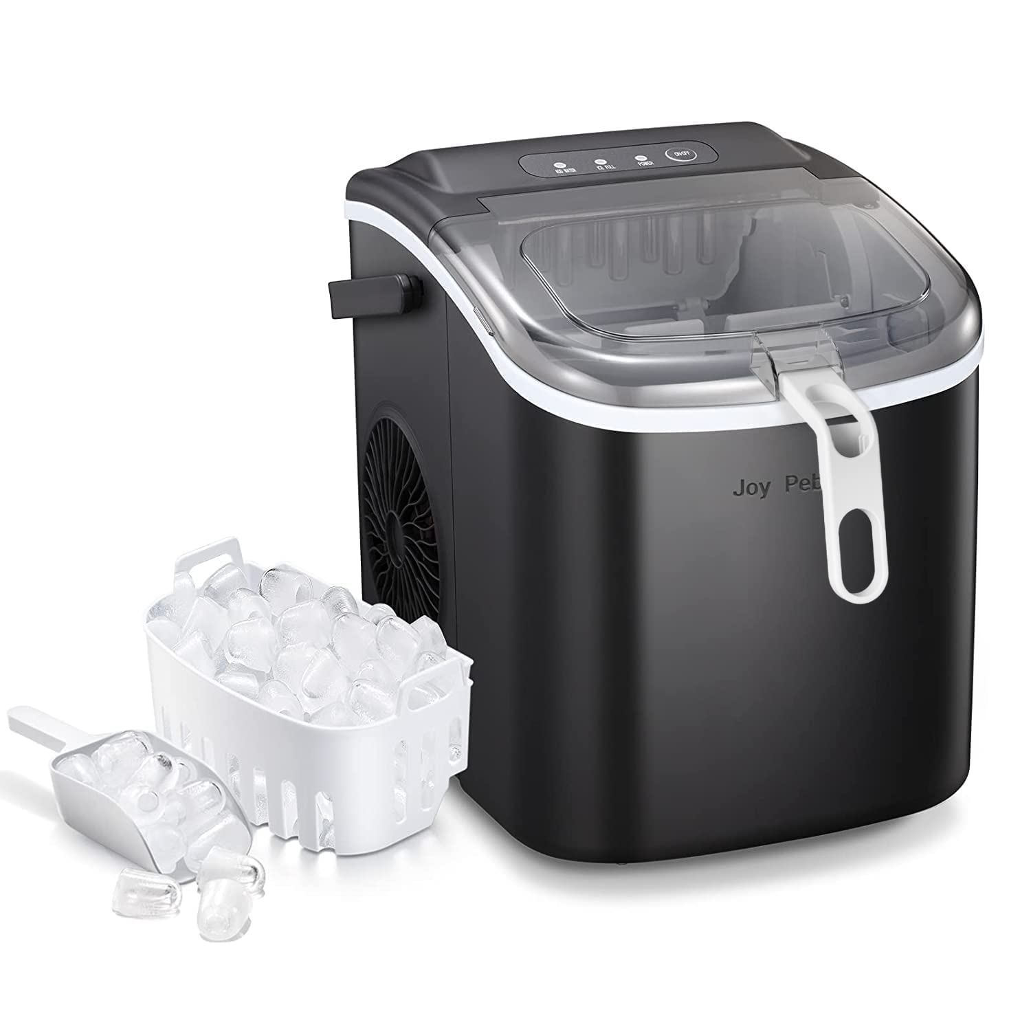 Joy Pebble Bullet Ice Maker Countertop with Handle,9 Bullet Ice Cubes Ready in 6 Mins,26Lbs/24H, Self-Cleaning Portable Ice Machine with Basket and Scoop, for Home/Kitchen, Black