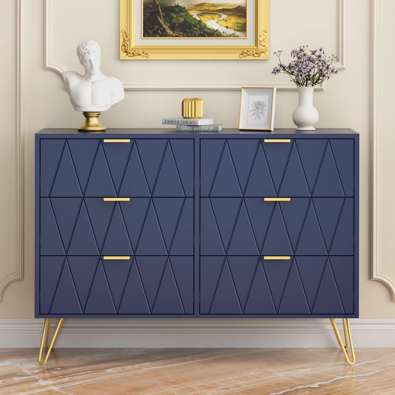 UEV 6 Drawer Dresser,Modern Dresser Chest with Wide Drawers and Metal Handles,Wood Storage Chest of Drawers for Bedroom,Living Room,Hallway,Entryway (Navy Blue)