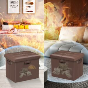 DocSafe Storage Ottoman with Lock,Fireproof Folding Ottoman Foot Rest Stool Storage Chest with Storage Safe for Important Documents,Waterproof 17 Inches Short Ottoman Foot Stool with Handles,Brown