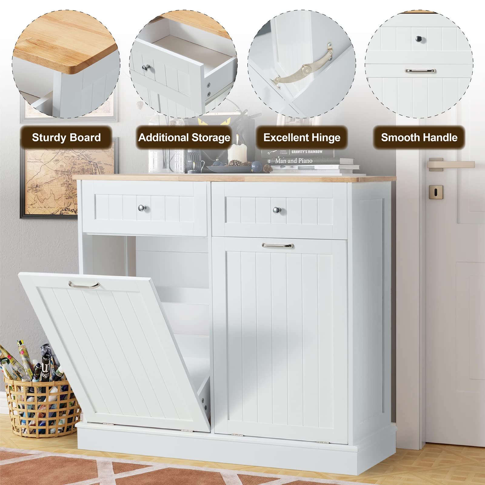 GTQuality Double Tilt Out Trash Cabinet, Dual Kitchen Trash Bin Cabinet with Hideaway Drawer, Wooden Free Standing Recycling Cabinet Garbage Can Holder Pet Proof(White)