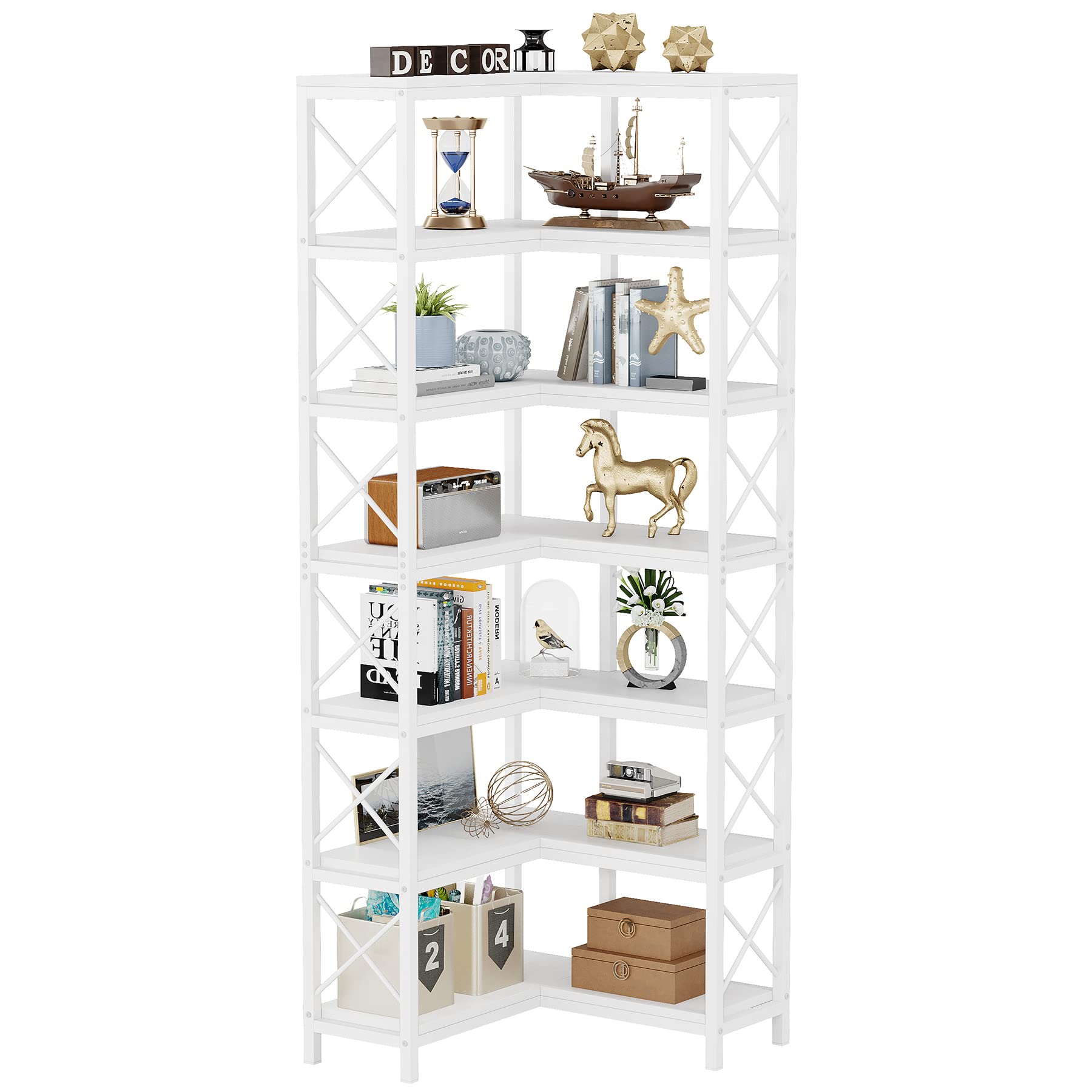 LITTLE TREE 7-Shelf Corner Bookshelf Modern Corner Bookcase Corner Shelf for Living Room Home Office, White