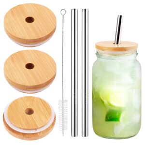 3 pack regular mouth bamboo drinking lid with straw hole and straw compatible with mason jar, wood drinking lids for 70mm regular mouth jar