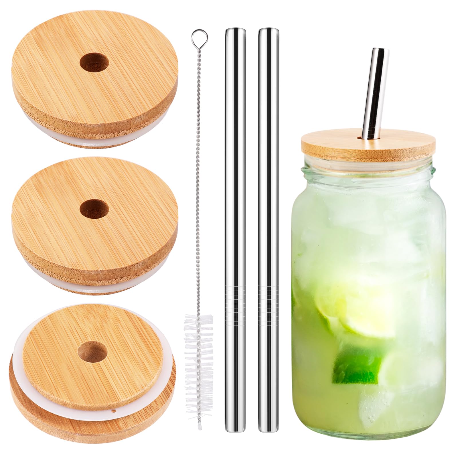 3 Pack Regular Mouth Bamboo Drinking Lid with Straw Hole and Straw Compatible with Mason Jar, Wood Drinking Lids for 70mm Regular Mouth Jar