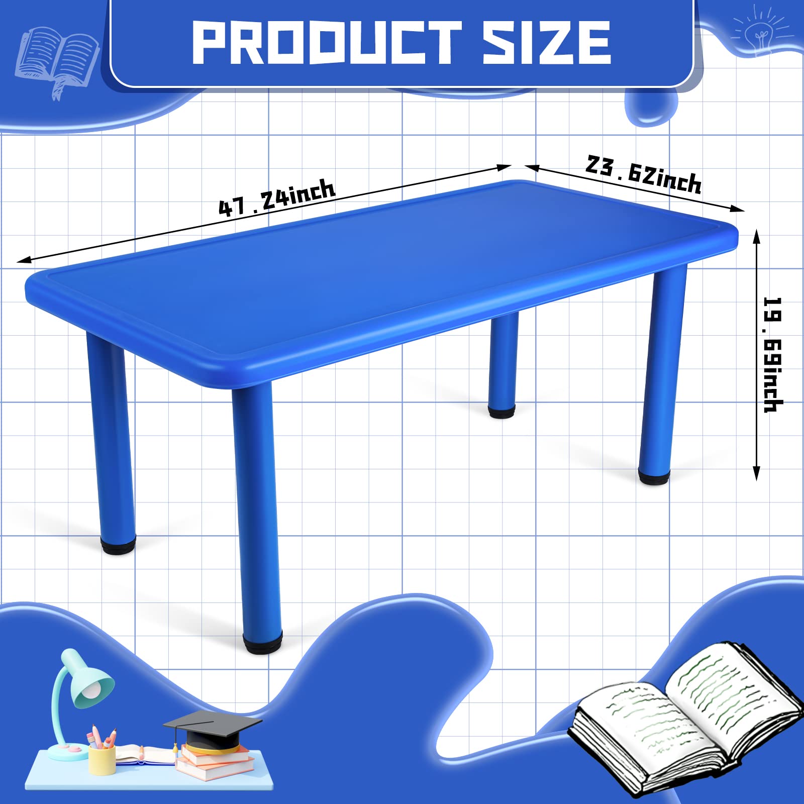 Wesiti Kids Activity Table Rectangular 47.24 x 23.62 Inch Children School Classroom Table Portable Plastic Daycare Preschool Table Kids Play Table Furniture for Boy Girl Reading Drawing (Blue,1 Pcs)