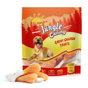 jungle calling dog treats, chicken wrapped calcium dog bones, rawhide free dog chews, chewy dog training treats, 6 oz