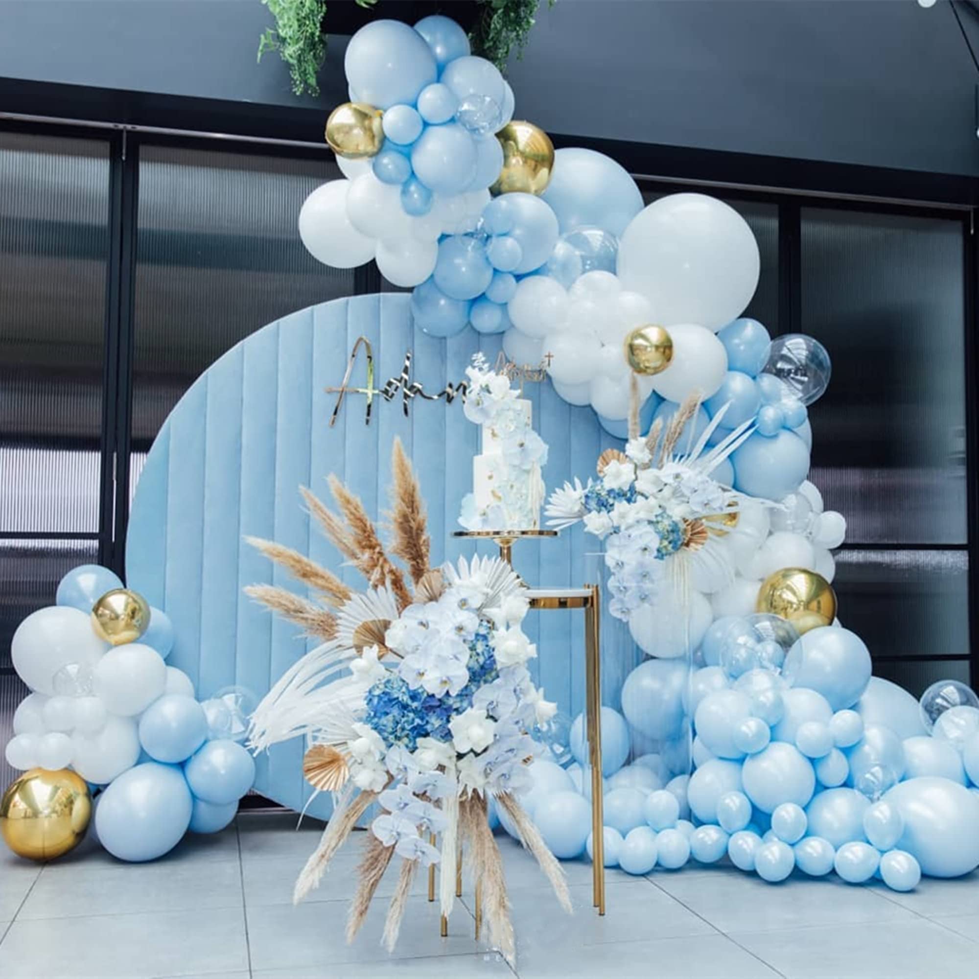 148Pcs Baby Blue Balloon Garland Arch Kit, with White Metallic Gold Balloons in Different Sizes for Boy Birthday Baby Shower Party Decoration