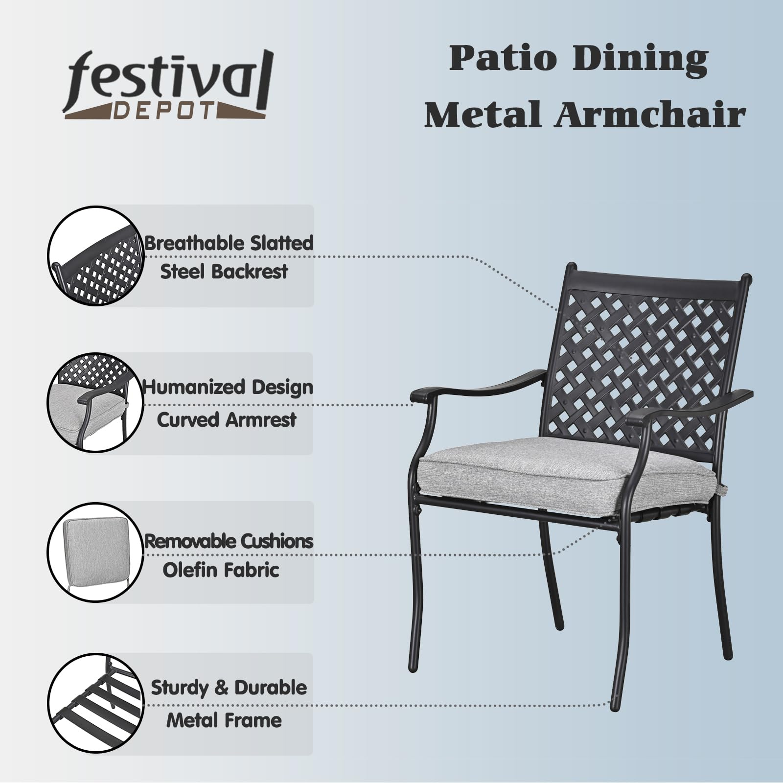 Festival Depot 8-Piece Outdoor Patio Furniture Outdoor Wrought Iron Dining Chairs Set for Porch Lawn Garden Balcony Pool Backyard with Arms and Cushions (8Pcs, Grey)