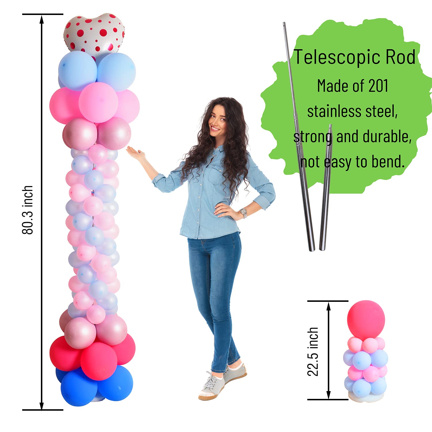 Miliocry Balloon Column Stand Kit Set of 2, 6.6 Feet Adjustable Balloon Arch Stand Tower Pillar with Base Reusable Metal Telescopic Poles for Birthday Wedding Baby Shower Graduation Party Decoration