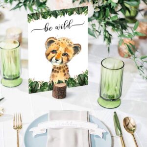 8Pcs Jungle Safari Centerpieces and Wooden Stands, Safari Baby Shower for Table Decorations, Jungle Animal Birthday Party Centerpiece for Boys Kids, Wild One Themed Birthday Party Supplies