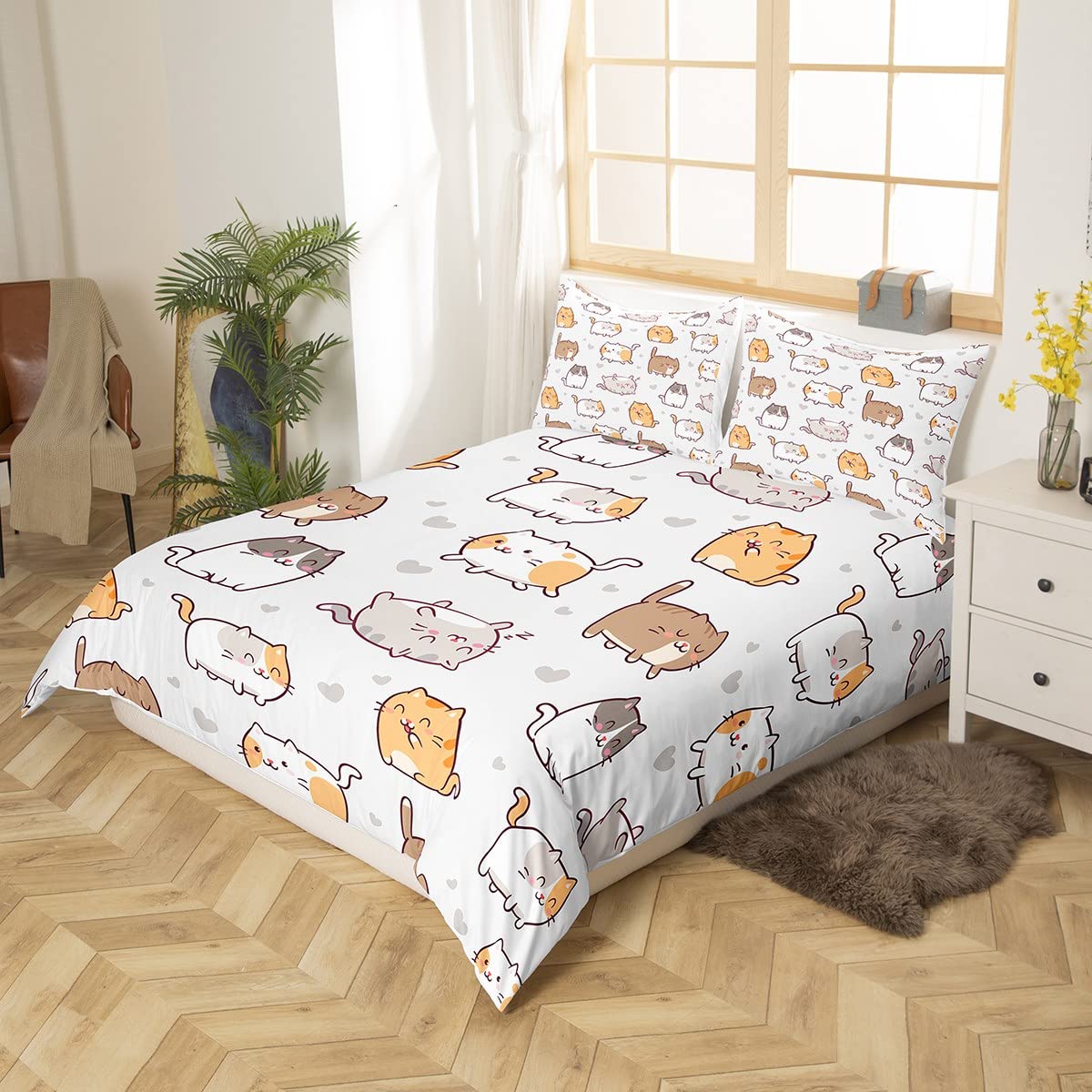 Erosebridal Cartoon Animal Bed Set Kawaii Cats Duvet Cover, Pet Kitten Bedding Set King, Cute Hearts Comforter Cover, Grey Gray Brown Orange Bed Cover Preppy Dorm Decor 3pcs