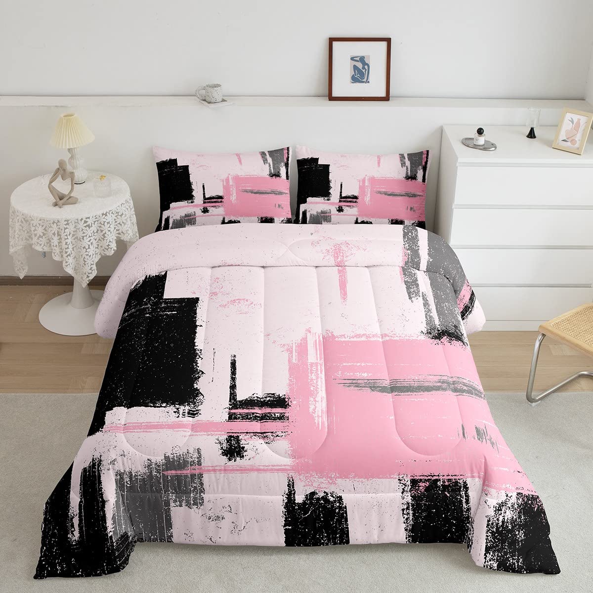 Feelyou Abstract Comforter Modern Abstract Art Comforter Set for Boys Girls Children Pink Black Pattern Bedding Set Room Decor Queen Size Duvet Set 3Pcs