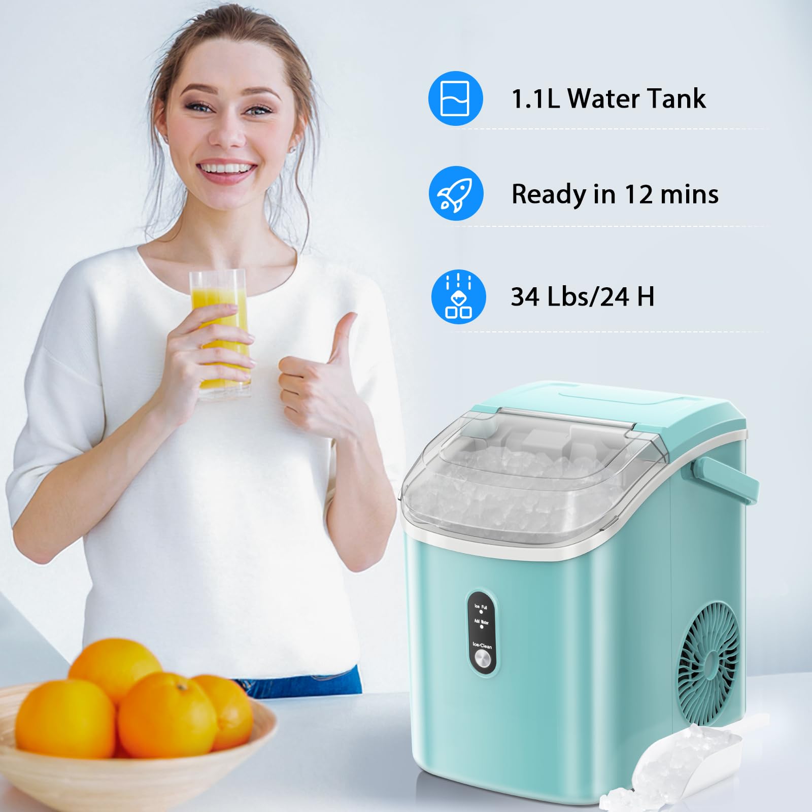 Nugget Countertop Ice Maker with Soft Chewable Pellet Ice, Automatic 34lbs in 24 Hours,Pebble Portable Ice Machine with Ice Scoop, Self-Cleaning, One-Click Operation, for Kitchen,Office Green