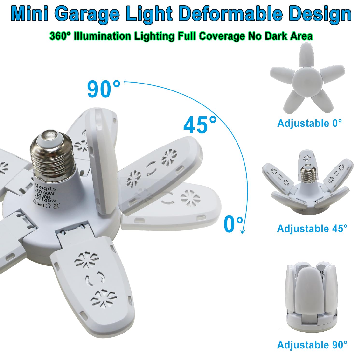 2Pack LED Garage Light Bulb, Mini 60W LED Garage Ceiling Lights 5 Adjustable Panels,6000Lumen Garage LED Light Bulb,E26 6500K Daylight LED Shop Lights for Garage,Kitchen,Indoor,Living Room,Attic Light