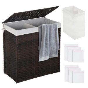 hklgorg laundry hamper 90l hamper for laundry clothes hamper laundry basket with lid wicker laundry basket with 2 removable liner bags 6 laundry bags woven laundry basket for bedroom bathroom, brown