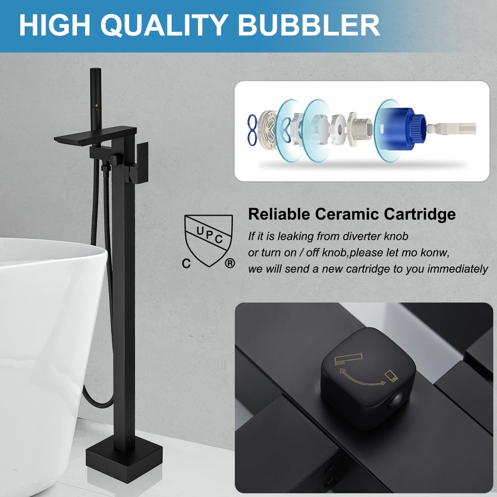 RUMOSE Matte Black Bathtub Filler Freestanding Tub Filler Floor Mount Tub Faucet Waterfall Free Standing Bathtub Faucet High Flow Brass Bath Shower Faucets with Handheld Sprayer