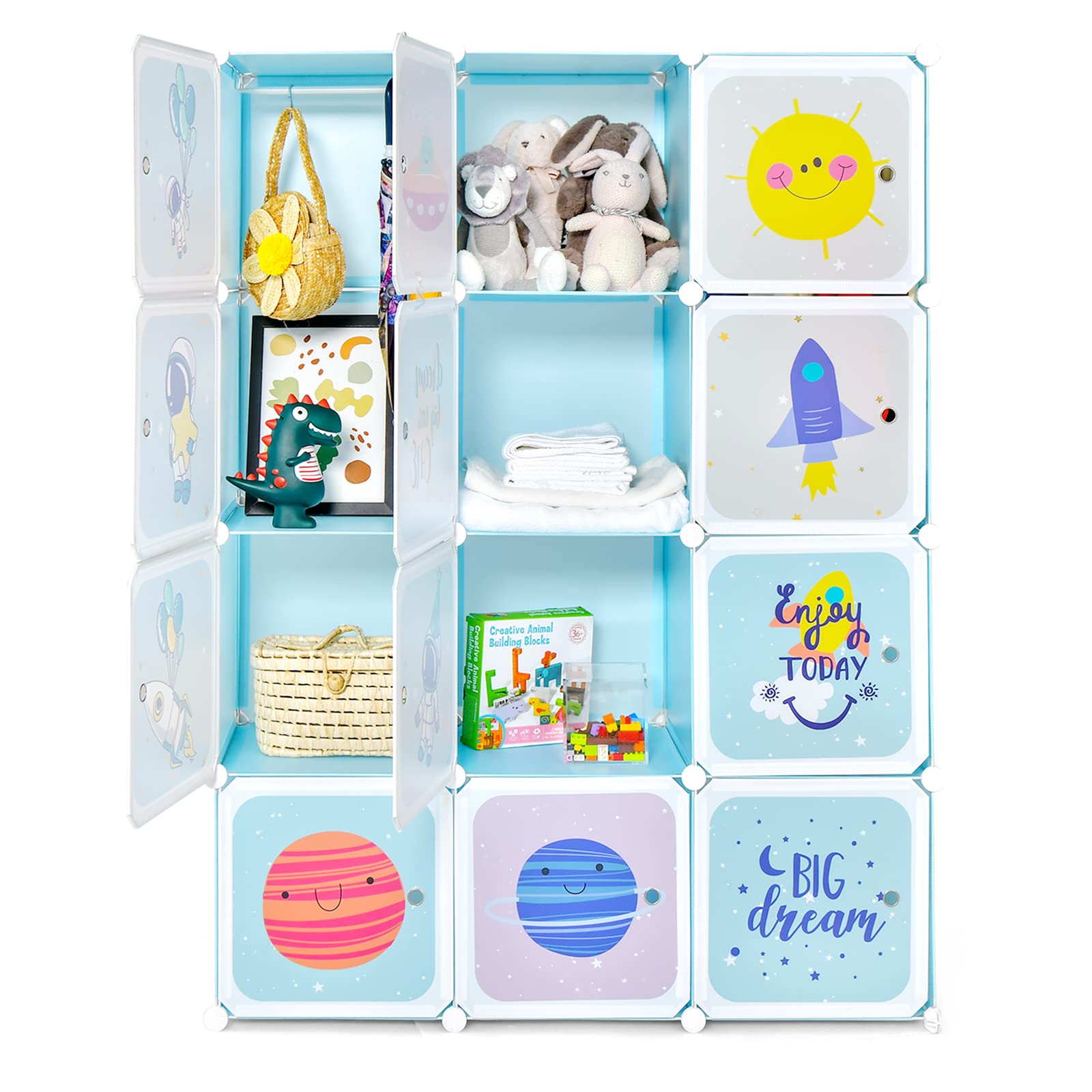 INFANS Children Wardrobe, Kid Closet Portable Baby Dresser Cute for Kids Bedroom Nursery Armoire with Doors 12 Cube 2 Hanging Sections, Kid Clothes Storage Organizer (Blue, 12 Cubes)