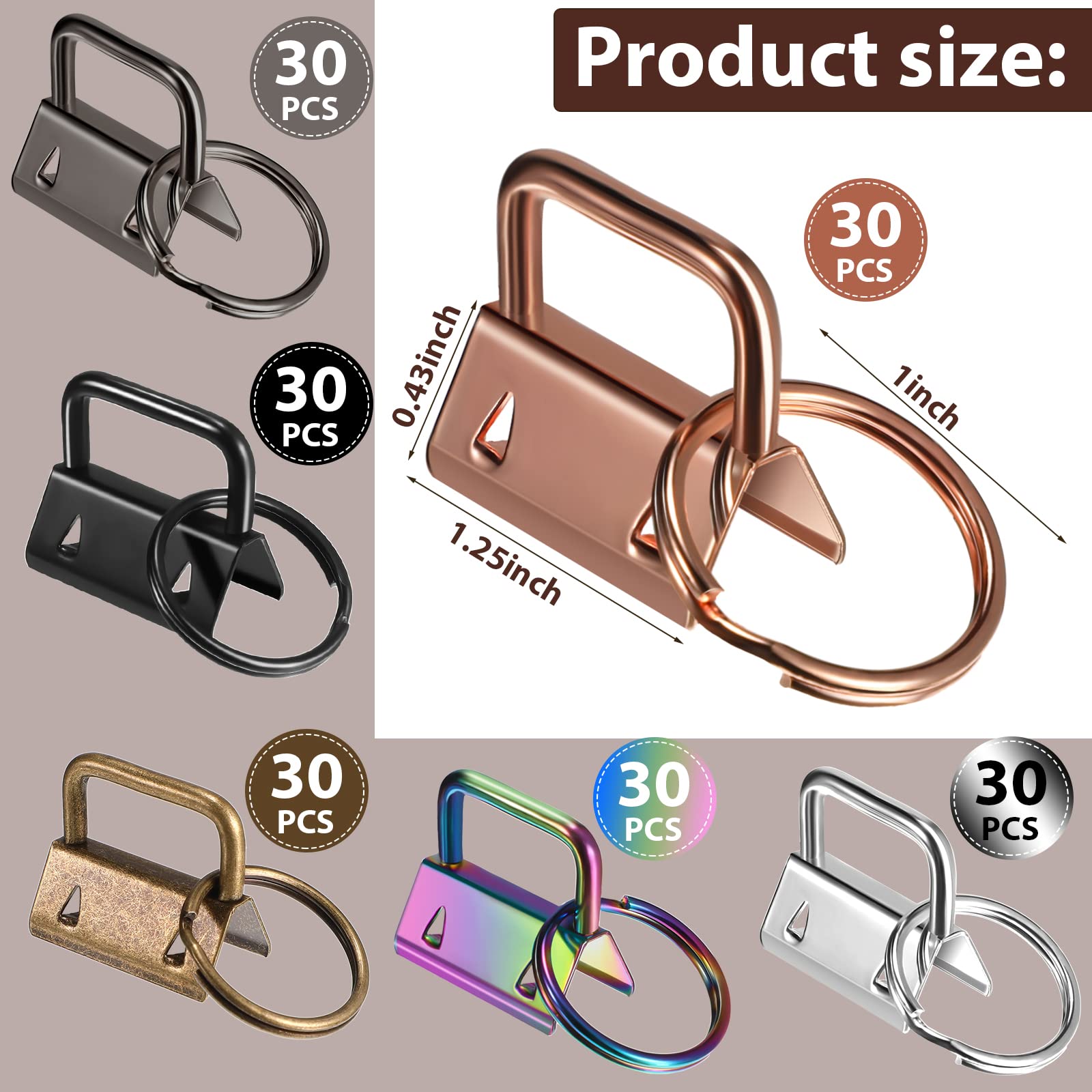 Tenare 180 Pcs Key Fob Hardware 6 Colors Keychain Fob Wristlet Hardware with Key Ring Key Fob Chain Hardware 1 Inch (180 Pcs)