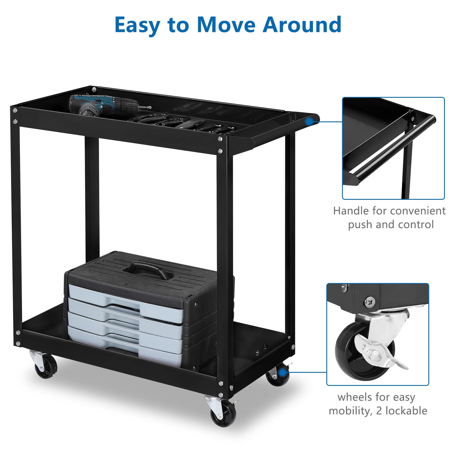 TUFFIOM 2 Tier Rolling Tool Cart, 220 LBS Capacity Industrial Service Cart w/Wheels, 2 Shelf Steel Utility Cart, Tool Storage Organizer for Mechanic, Garage, Workshop, Warehouse & Repair Shop, Black