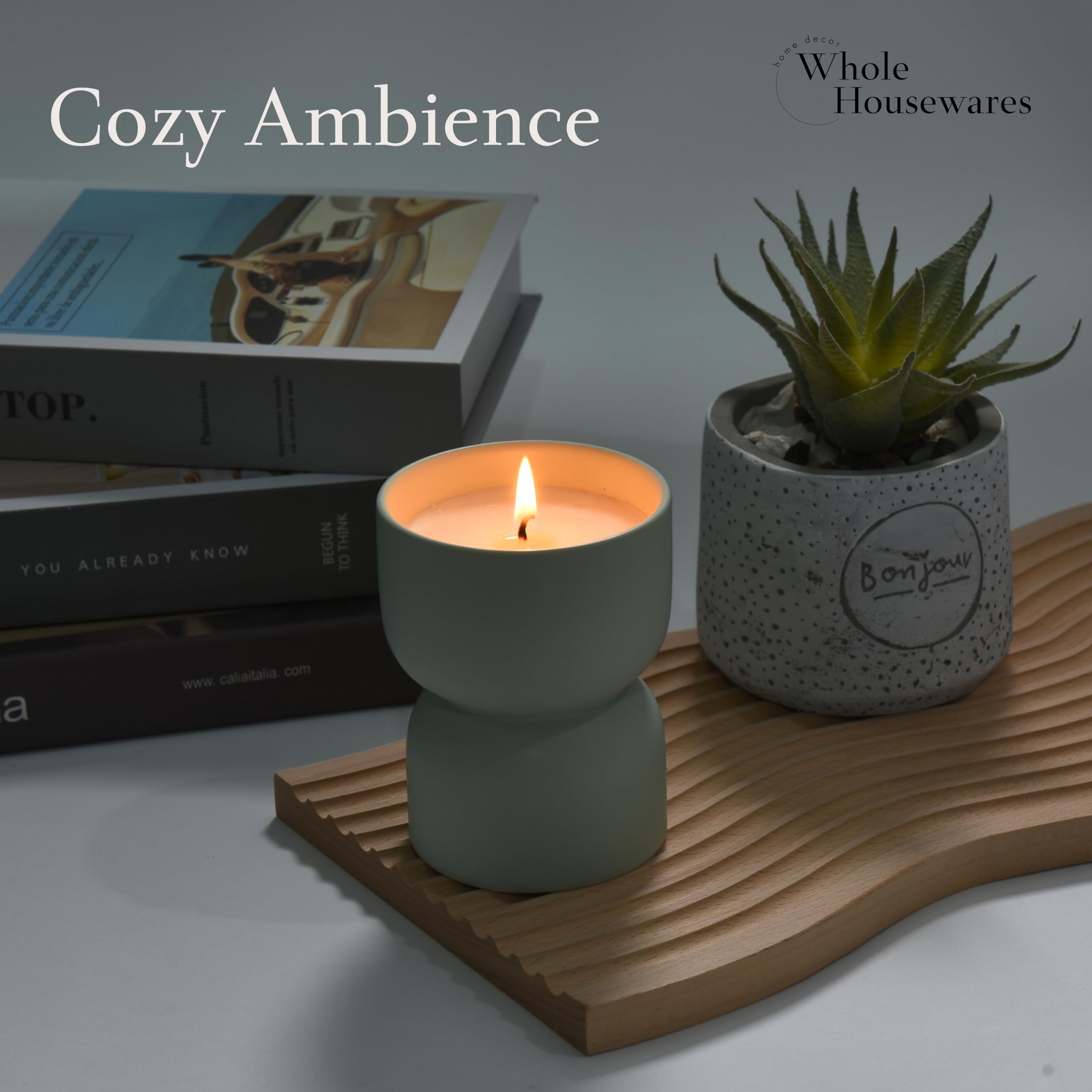 WHOLE HOUSEWARES Ceramic Scented Candle with Sandalwood Fragrance - Decorative Ligh Green Candle for Aromatherapy, Relaxation, and Home Decor - Elegant and Soothing Candle for Ambiance and Self-Care