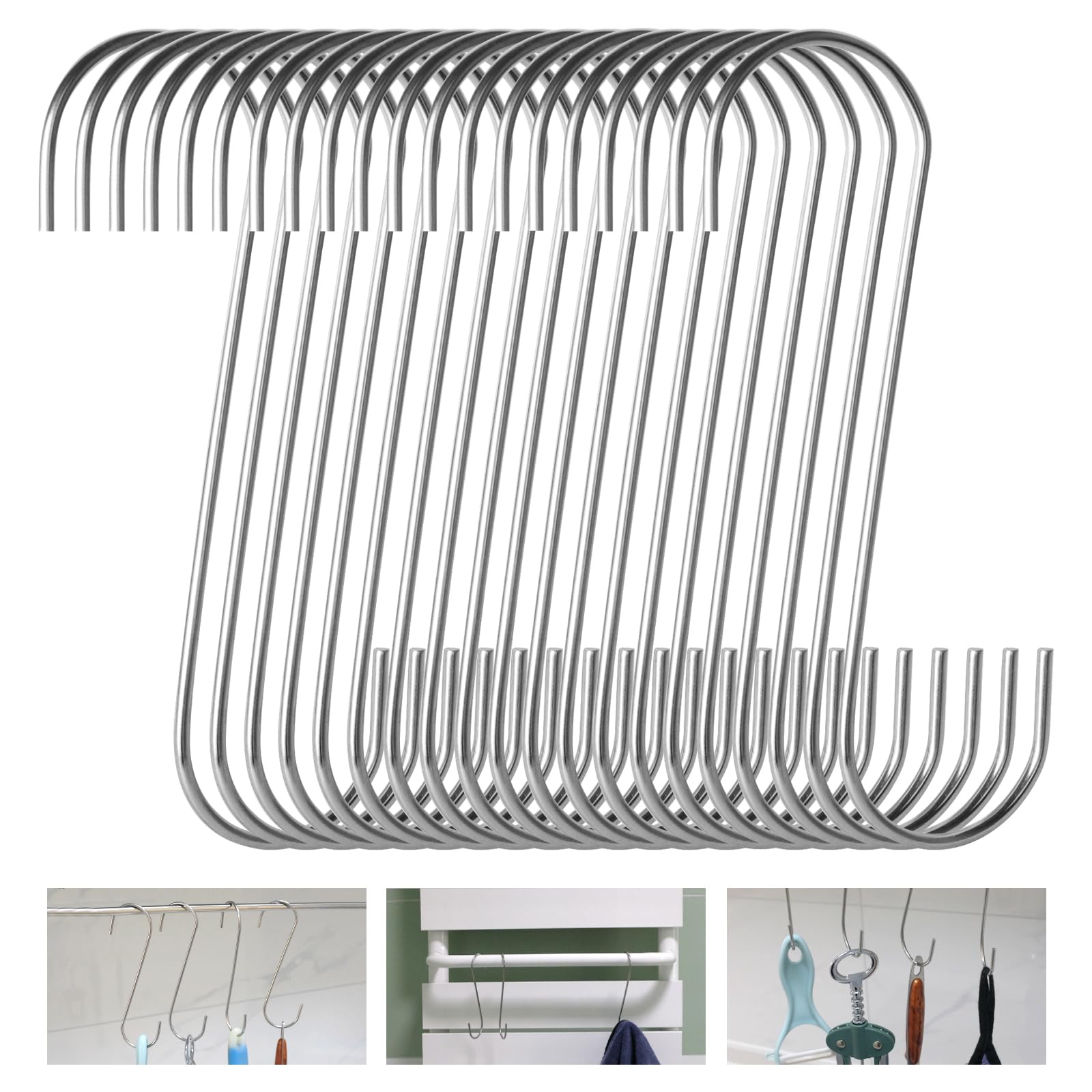 HTBMALL 20-Pack S Hooks - Stainless Steel Heavy Duty S Hooks for Hanging pots, Pans, Plants, Coffee Mugs, Towels in Kitchen and Bathroom, Coat, Bag, Work Shop, Perfect Rack Hooks