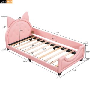 Pink Upholstered Twin Bed with Ears Shaped Bottom Tufted Headboard, Low Platform Bed Frame with Rails for Kids Girls Boys Teens, Faux Leather