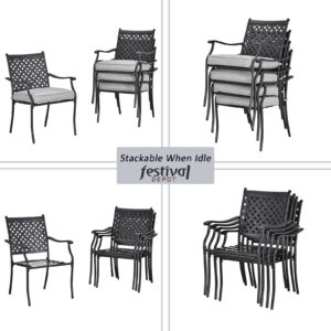 Festival Depot 8-Piece Outdoor Patio Furniture Outdoor Wrought Iron Dining Chairs Set for Porch Lawn Garden Balcony Pool Backyard with Arms and Cushions (8Pcs, Grey)