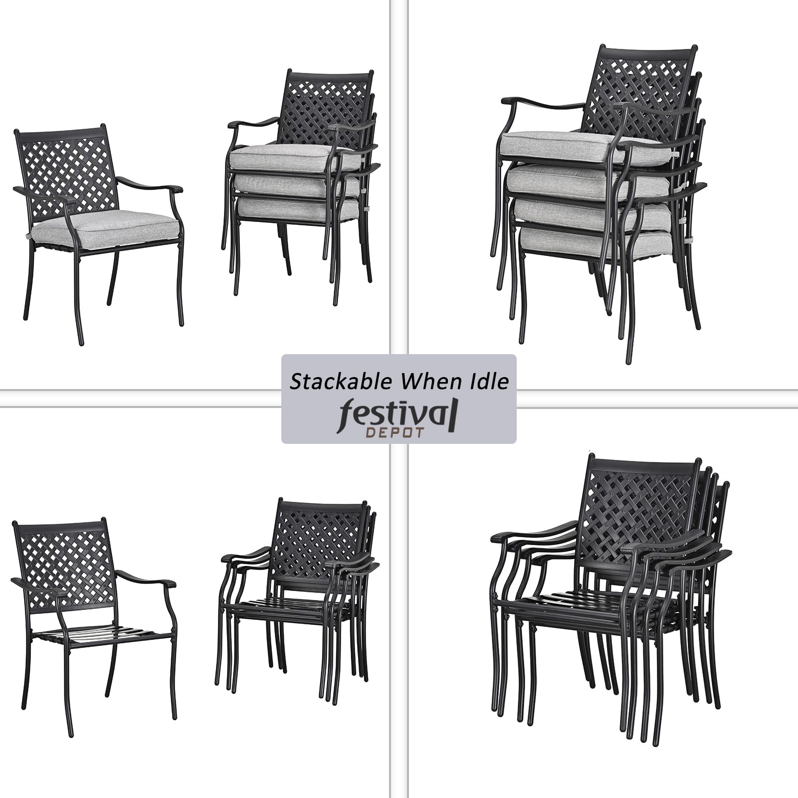 Festival Depot 8-Piece Outdoor Patio Furniture Outdoor Wrought Iron Dining Chairs Set for Porch Lawn Garden Balcony Pool Backyard with Arms and Cushions (8Pcs, Grey)