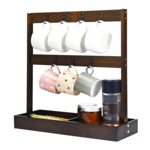 regal trunk & co. coffee mug holder for countertop - 7-cup wooden rack - kitchen organizer stand for mugs, cups, coffee essentials - stylish display shelf with hooks - 17hx17lx6w