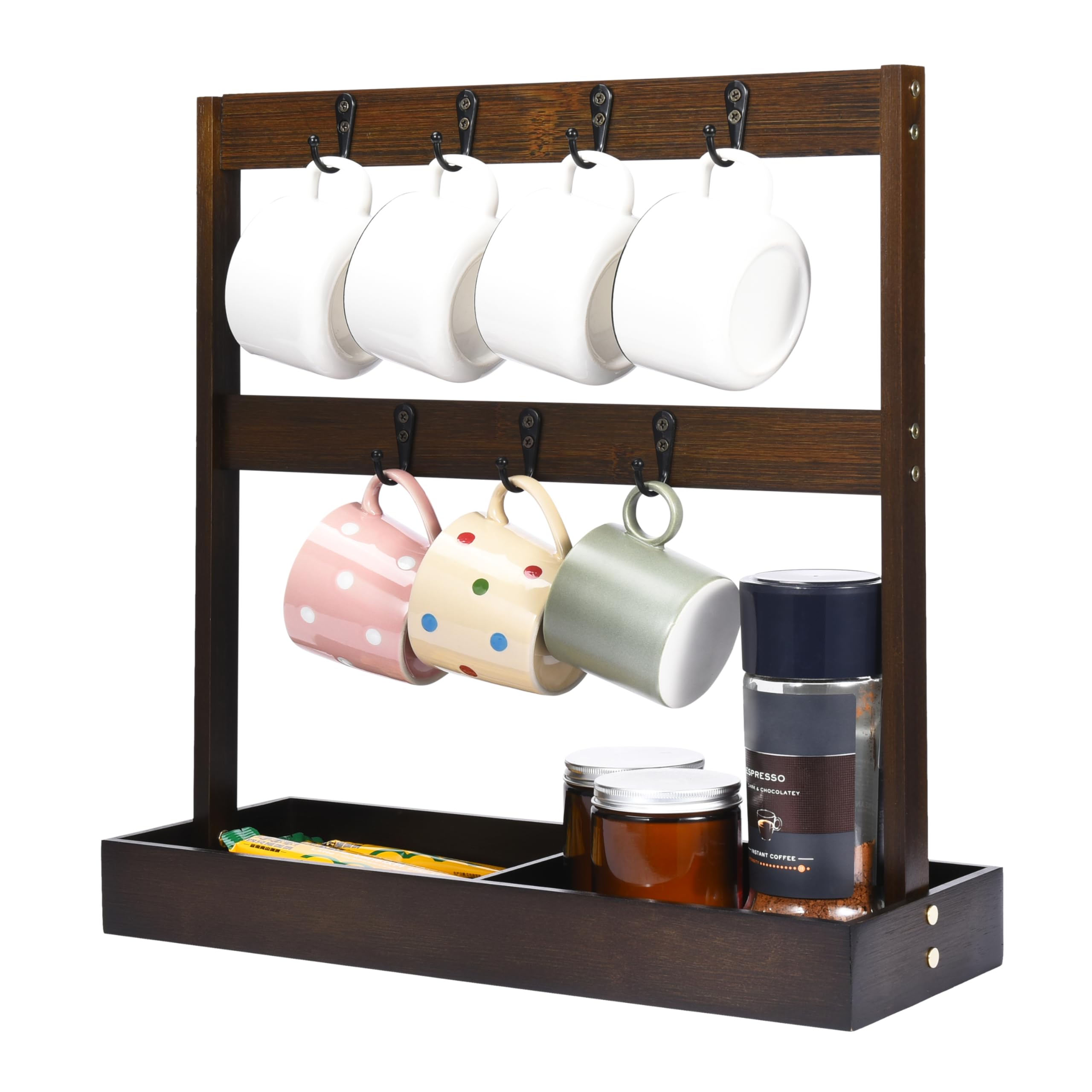 REGAL TRUNK & CO. Coffee Mug Holder for Countertop - 7-Cup Wooden Rack - Kitchen Organizer Stand for Mugs, Cups, Coffee Essentials - Stylish Display Shelf with Hooks - 17Hx17Lx6W