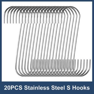 HTBMALL 20-Pack S Hooks - Stainless Steel Heavy Duty S Hooks for Hanging pots, Pans, Plants, Coffee Mugs, Towels in Kitchen and Bathroom, Coat, Bag, Work Shop, Perfect Rack Hooks