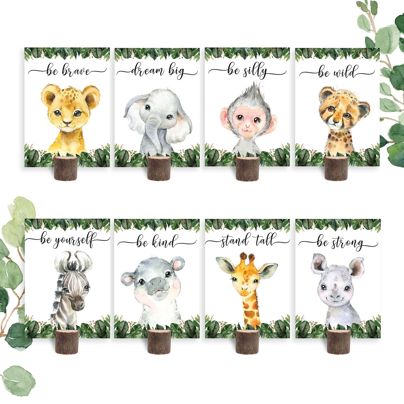 8Pcs Jungle Safari Centerpieces and Wooden Stands, Safari Baby Shower for Table Decorations, Jungle Animal Birthday Party Centerpiece for Boys Kids, Wild One Themed Birthday Party Supplies