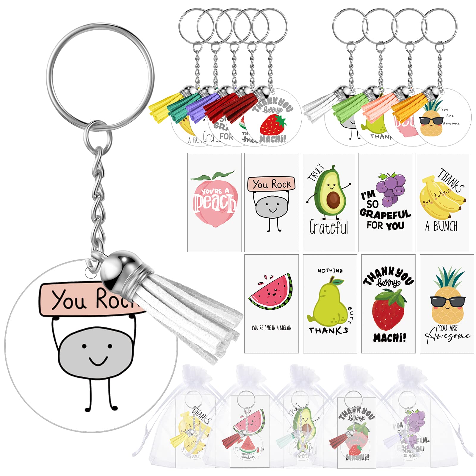 Batiyeer 36 Sets Funny Thank You Acrylic Keychains with Cute Fruit Pun Cards Employee Appreciation Gifts Greeting Note Key Rings Thank You Gifts for Team Teacher Student Staff