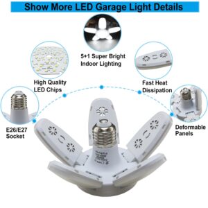 2Pack LED Garage Light Bulb, Mini 60W LED Garage Ceiling Lights 5 Adjustable Panels,6000Lumen Garage LED Light Bulb,E26 6500K Daylight LED Shop Lights for Garage,Kitchen,Indoor,Living Room,Attic Light