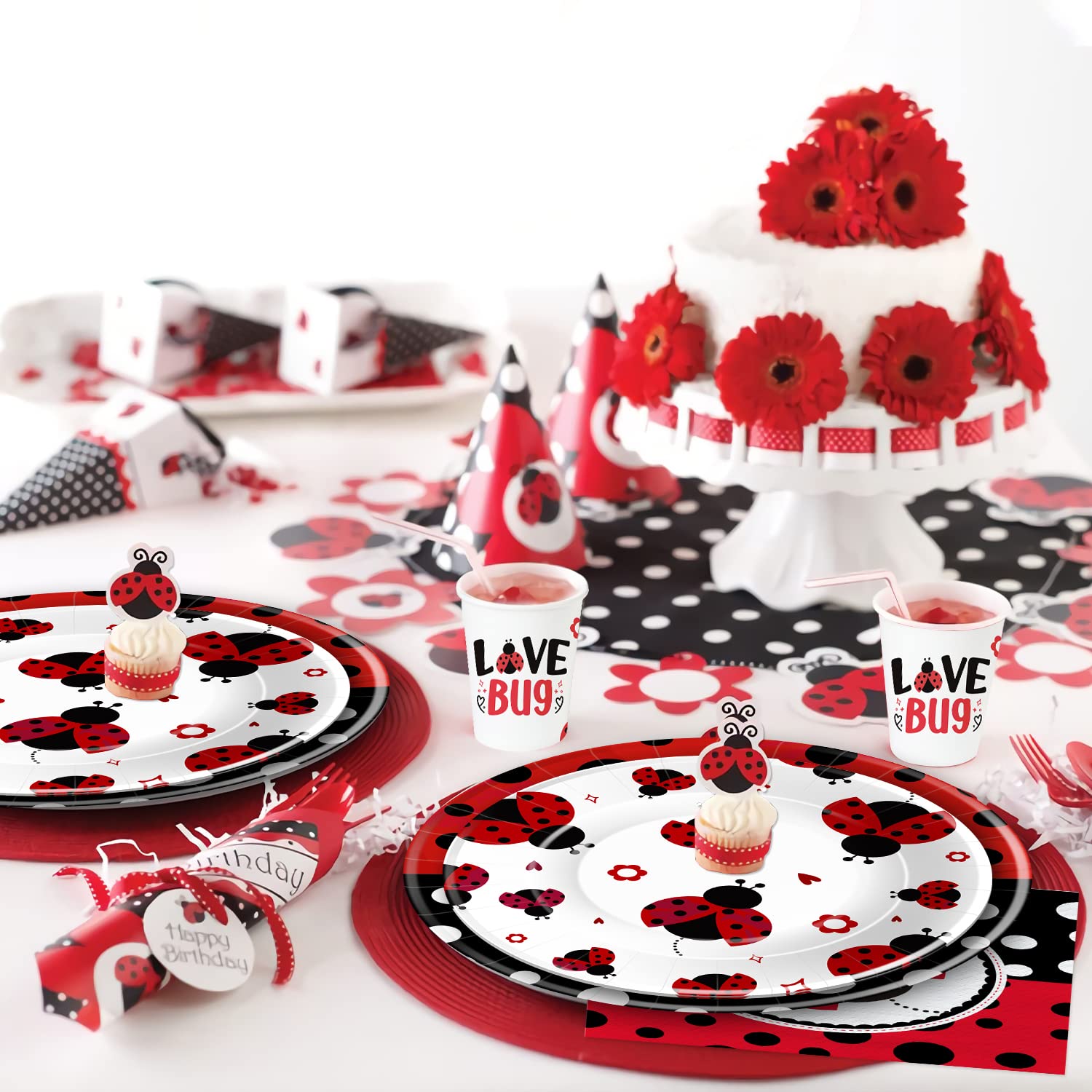 Xigejob Ladybug Birthday Party Decorations Tableware, Ladybug Party Supplies Girl, Plate, Cup, Napkin, Tablecloth, Cutlery, Straw, Lady Bug Theme Birthday Baby Shower Decorations Dinnerware | Serve 24