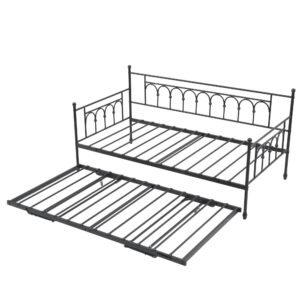 kuurfuurdo Twin Daybed with Trundle, Metal Daybed with Pop Up Trundle, Day Bed with Trundle Bed Twin, Steel Slat Support Sofa Bed for Kids Teens Adults Living Room, No Box Spring Needed